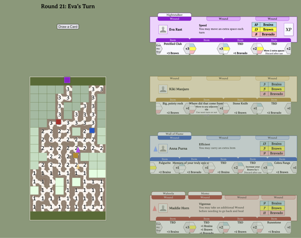 Screenshot of new screen layout with the board on the left side and the four character sheets on the right